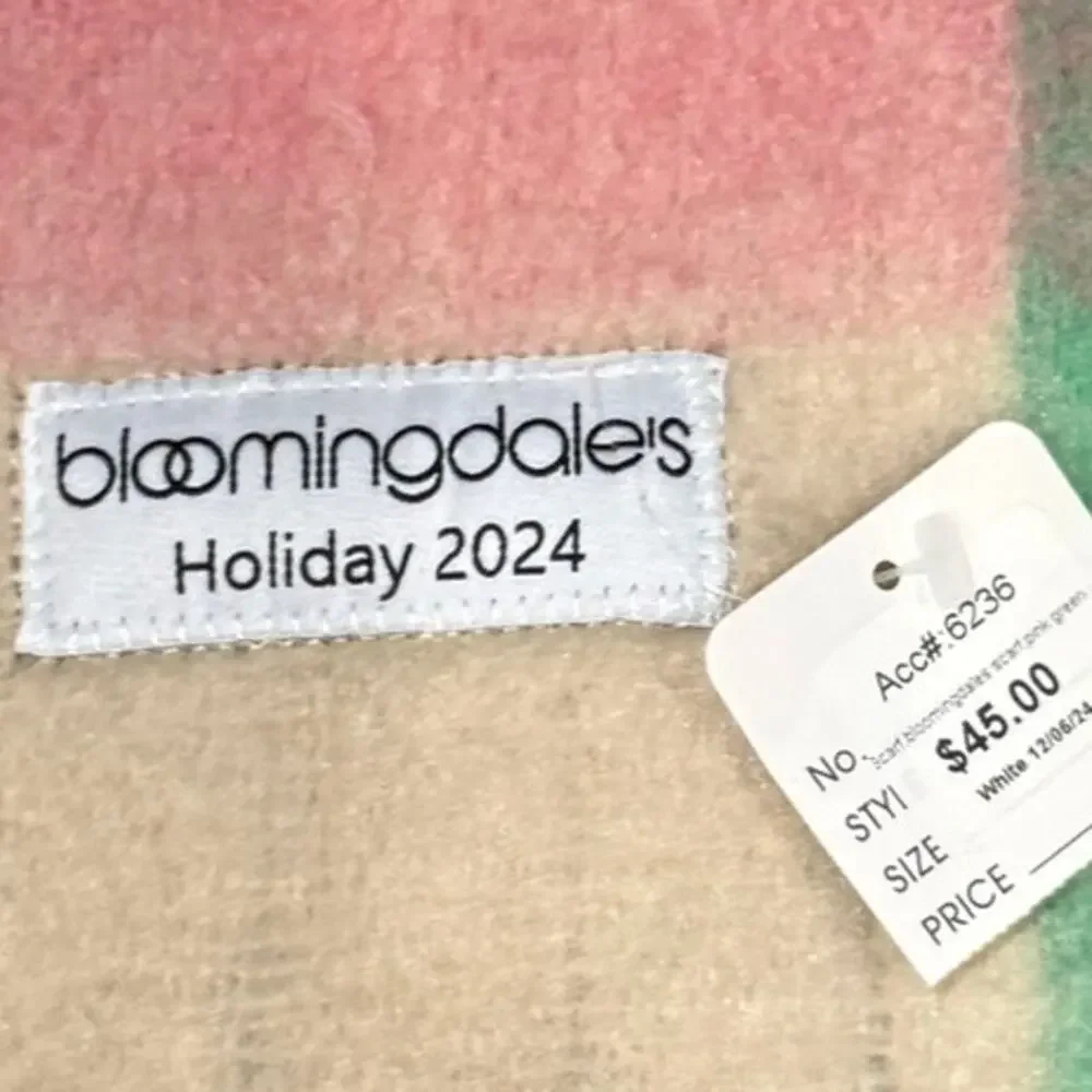 Bloomingdale’s Holiday Plaid Scarf Pastel Pink Green Check Fringe NWT